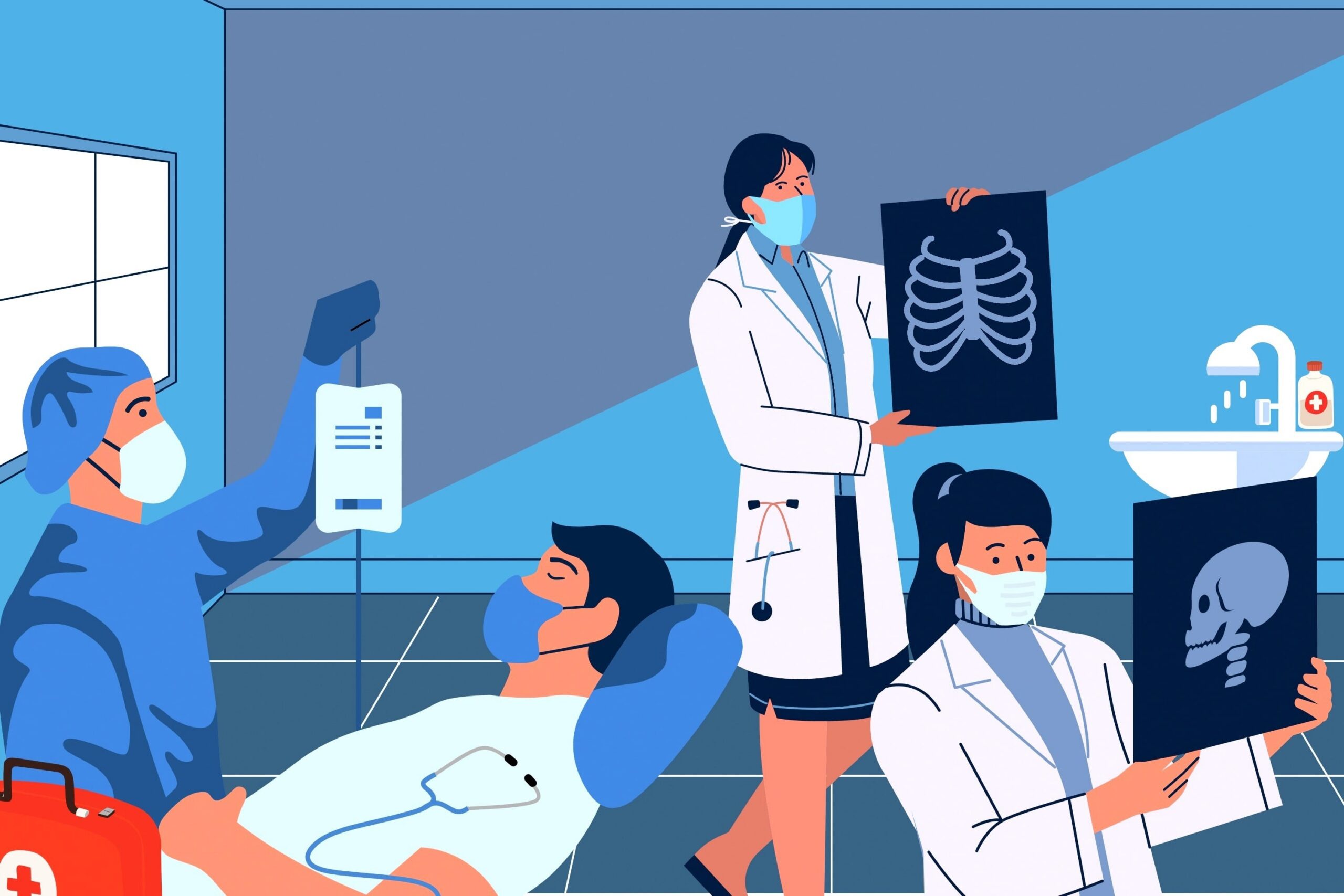 Cartoon drawing of medical providers and patients in masks